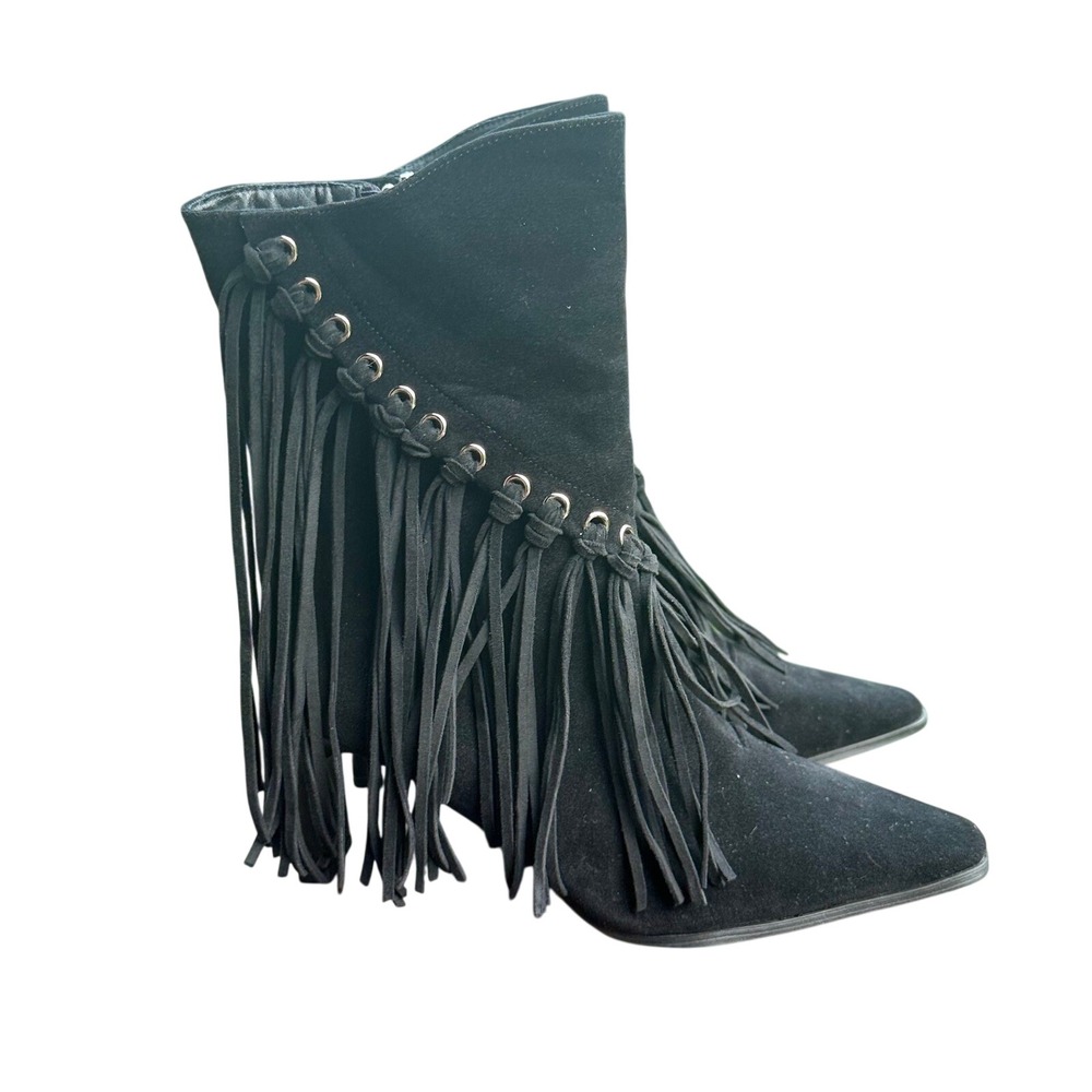 Fashion Nova Fringe Ankle Boots Women 8.5 Black New Western Boho Pointed Toe